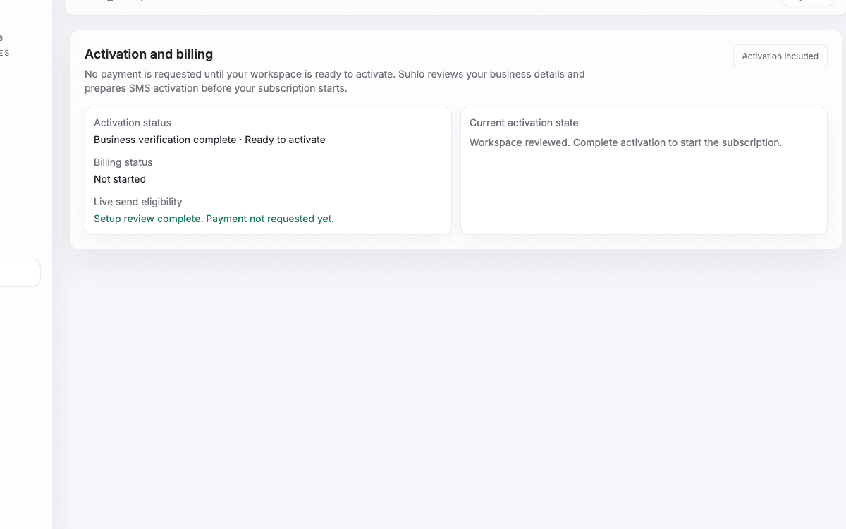 Suhlo activation and billing status view showing a demo workspace ready to activate